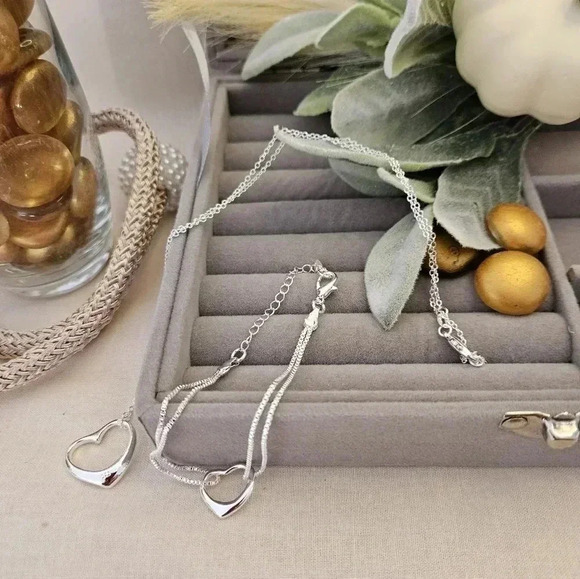 2 PC 925 sterling silver snake bracelet with heart. Necklace with heart pendant - Picture 2 of 4